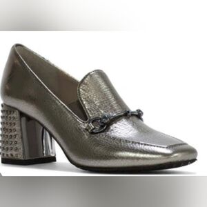 Donald J. Pliner Silver Leather Whitney Loafer Studded Mirror Heels Skull Detail